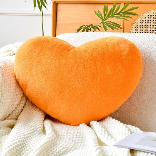 XVTRU Orange Heart Pillows, Cute Heart Decorative Pillow, Heart Shaped Throw Pillows for Bed, Faux Rabbit Fur Plush Hoom Decor Pillow Cushion for Chair Sofa Living Room (Large-19.6"x15.7")