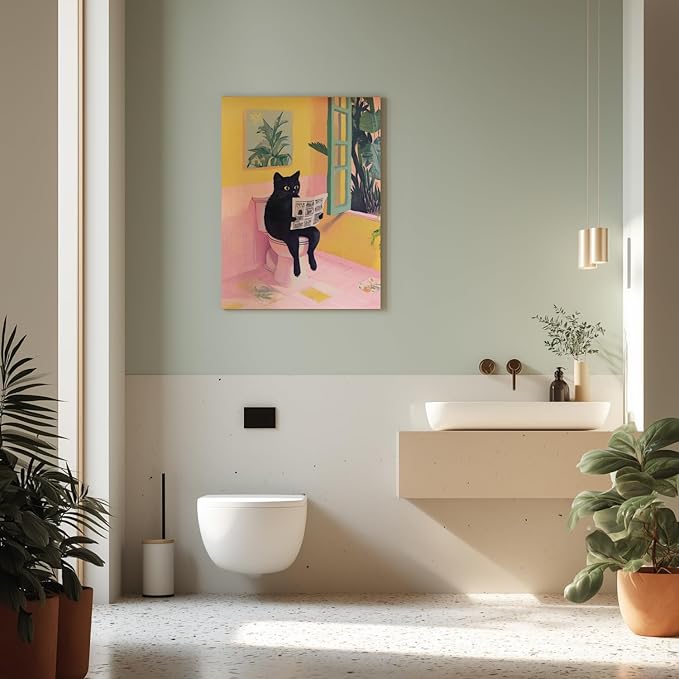 Cyebmo Funny Bathroom Wall Art, Cute Black Cat Sitting on Toilet Reading Newspaper Wall Decor, Whimsical Pink Abstract Animal Wrapped Canvas Artwork for Bathroom Kid's Restroom Bedroom 16x24 Inch