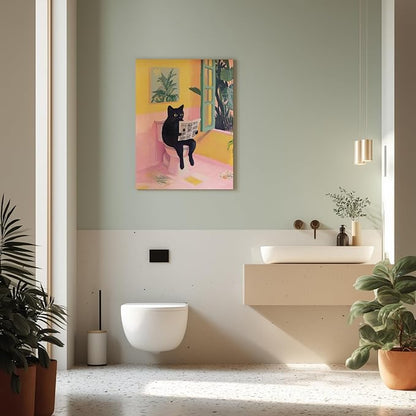 Cyebmo Funny Bathroom Wall Art, Cute Black Cat Sitting on Toilet Reading Newspaper Wall Decor, Whimsical Pink Abstract Animal Wrapped Canvas Artwork for Bathroom Kid's Restroom Bedroom 16x24 Inch