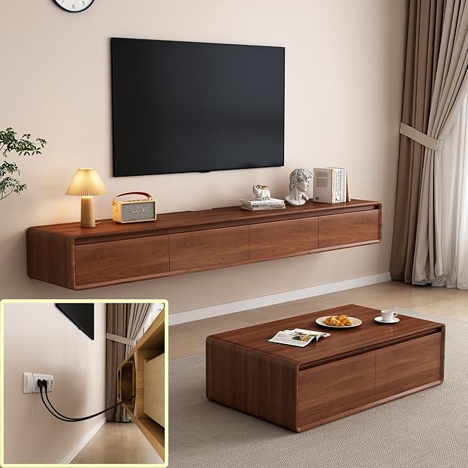 Floating TV Stand Large Floating TV Shelves Wall Mounted Multi Storage Compartment TV Media Console Floating TV Cabinet Bench Under TV Large Storage (Brown C, 78.7 * 7.9 * 9.4 in)