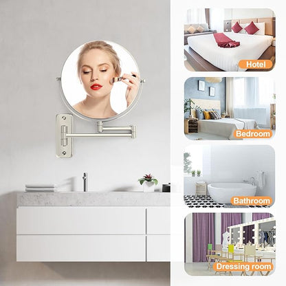8" Wall Mount Magnifying Mirror, 1X/10X Double-Sided Makeup Mirror Wall Mounted with Extendable Folding Arm, 360° Rotation, Brushed Nickel, Perfect for Shaving & Makeup in Bathroom (No Light)
