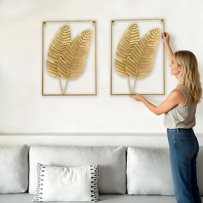 HKaikzo Gold Metal Wall Decor Set of 2, Leaf Wall Hanging Home Decor with Frame, Modern Wall Art Decor Wall Sculptures for Living Room, Bedroom, Office, Hotel, Large 24" X 16"