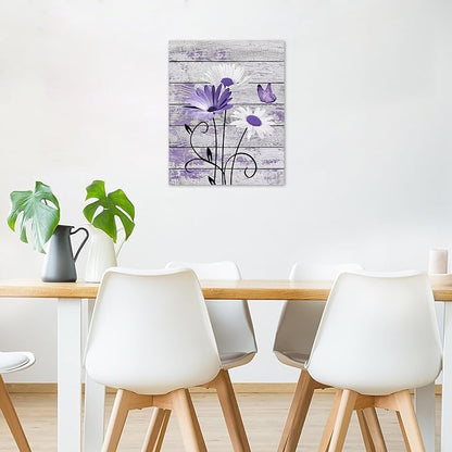 HVEST Farmhouse Floral Wall Art for Living Room, Purple and White Daisy Flower and Butterfly on Rustic Wood Board Canvas Wall Art Framed Artwork Ready to Hang for Bathroom Bedroom Decor, 16L X 12W