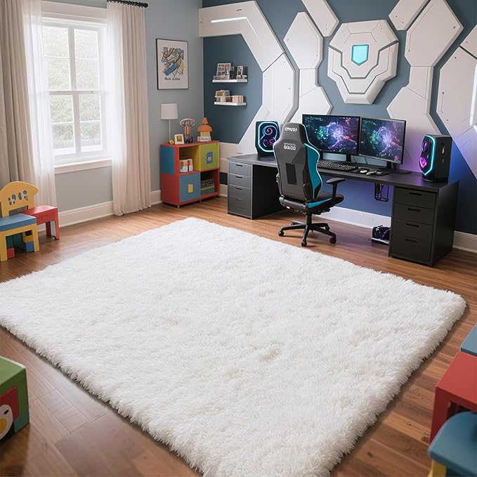 yongyangjuxin Fluffy Rug Shag Area Rug, White 9x12 Area Rugs for Living Room, Large Shag Area Rugs for Bedroom Kids Room Home Decor, Upgrade Anti-Skid Rectangular Fuzzy Rugs