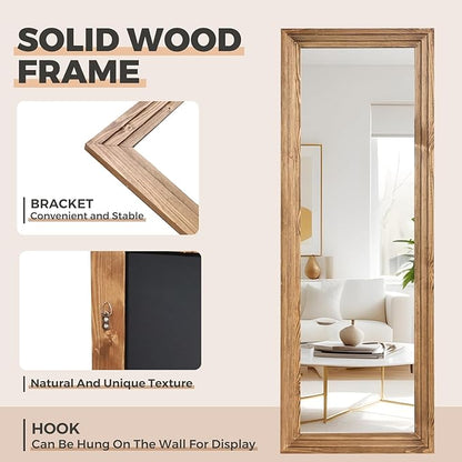 65"x24" Full Length Mirror Solid Wood Frame Floor Mirror for Living Room, Bedroom Hanging or Leaning, Wood Color