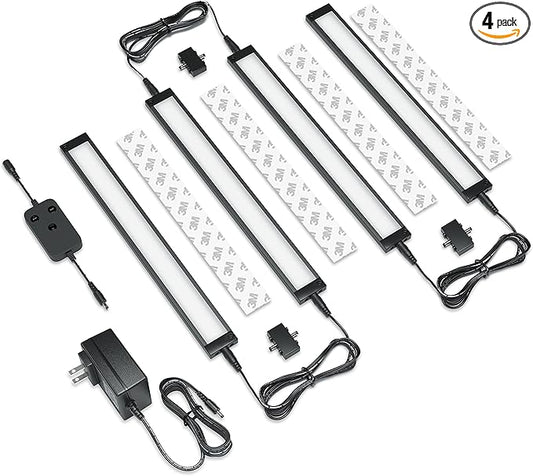 EShine 4 Pack 12 inch Black Smart Dimmable LED Under Cabinet Lighting Kit Compatible with Alexa, Google - Cool White (6000K)