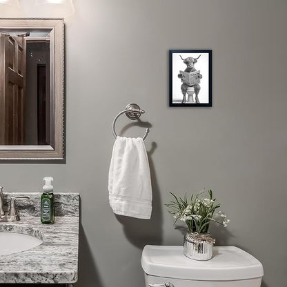 Funny Highland Cow Bathroom Wall Art - Framed Black and White Bathroom Wall Decor, Humorous Cow Picture Wall Decor with Cute Animal Canvas, Modern Farmhouse Style Restroom Sign Art for Toilet & Washroom 8"x10"