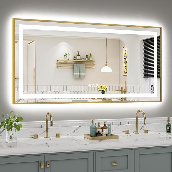 60x30 Inch LED Bathroom Mirror with Gold Frame, Backlit & Front Lit, Anti-Fog Lighted Bathroom Vanity Mirror for Wall, Memory Function, Dimmable, HD Tempered Glass, Shatter-Proof