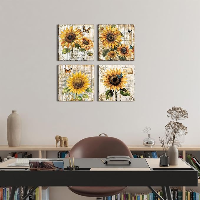 Sunflower Wall Art Farmhouse Sunflower Pictures Kitchen Wall Decor Butterfly Flowers Canvas Posters Prints for Living Room Rustic Botanical Paintings Vintage Artwork Home Decorations 12x12” 4Pcs