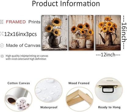 AOYUSMO 3 Piece Sunflower Wall Art Rustic Vintage Floral Canvas Wall Art Flower in Pitcher Pictures Wall Decor Farmhouse Art Prints for Kitchen Living Room Bedroom 12"x16" Framed