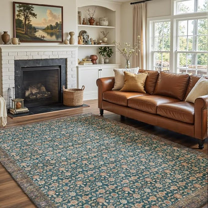 5x7 Area Rugs Green Washable Rug for Living Room, Dining Room, Bedroom, Large Carpets, Non Slip & Non-Shedding Low Pile Vintage Print Rug for Home Office Decor