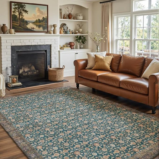 5x7 Area Rugs Green Washable Rug for Living Room, Dining Room, Bedroom, Large Carpets, Non Slip & Non-Shedding Low Pile Vintage Print Rug for Home Office Decor