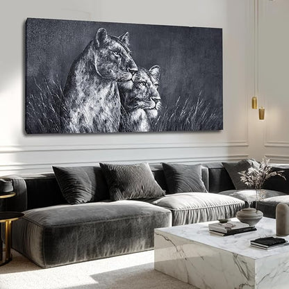 ZENPEE Large Lion Canvas Wall Art - 24"x48" Black and White Spray Print, Modern Animal Wall Decor for Bedroom, Living Room, Office - Ready to Hang