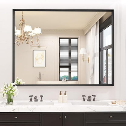 JISOSO Bathroom Vanity Mirror 48x36 Inch, Matte Black Rectangle Bathroom Mirror, Anti-Rust, 4MM Tempered Glass, Wall-Mounted Mirror, Hangs Horizontally or Vertically for Bathroom & Bedroom
