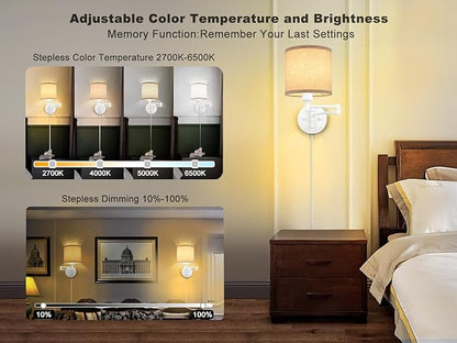 GOODATE Plug in Wall Sconces with Remote Control, Dimming, Adjustable Colors 2700K-6500K, Hardwire or Plug-in, Swing Arm Wall Lamp with Linen Fabric Shade, Wall Sconces Set of Two, White Finish