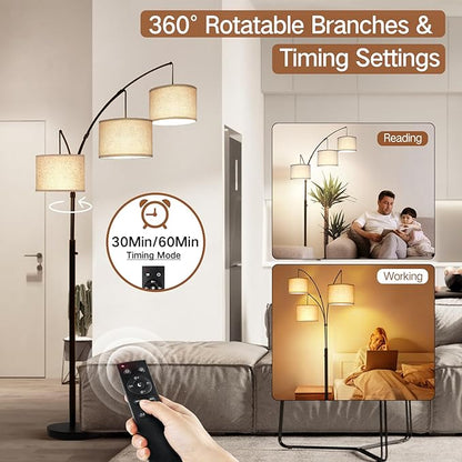 OUTON Arc LED Floor Lamp with Remote Control, Dimmable Modern Black 3 Light Arched Tall Floor Lamp, Mid Century Adjustable Standing Corner Lamps for Bedroom, Office, Living Room, Beige Lampshade