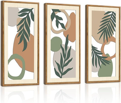 IARTTOP Sage Green Bedroom Wall Art Framed Set of 3 Boho Aesthetic Wood Wall Decor Neutral Botanical Abstract Artwork for Living Room Bedroom Office 7.9 x15.8 Inch
