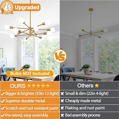10.9"-52.3" Height Adjustable Modern Chandelier Ceiling Light Fixture, 12-Light Sputnik Chandeliers Brushed Gold Mid Century Chandelier Over Table, Chandeliers for Dining Room (Bulbs Not Included)
