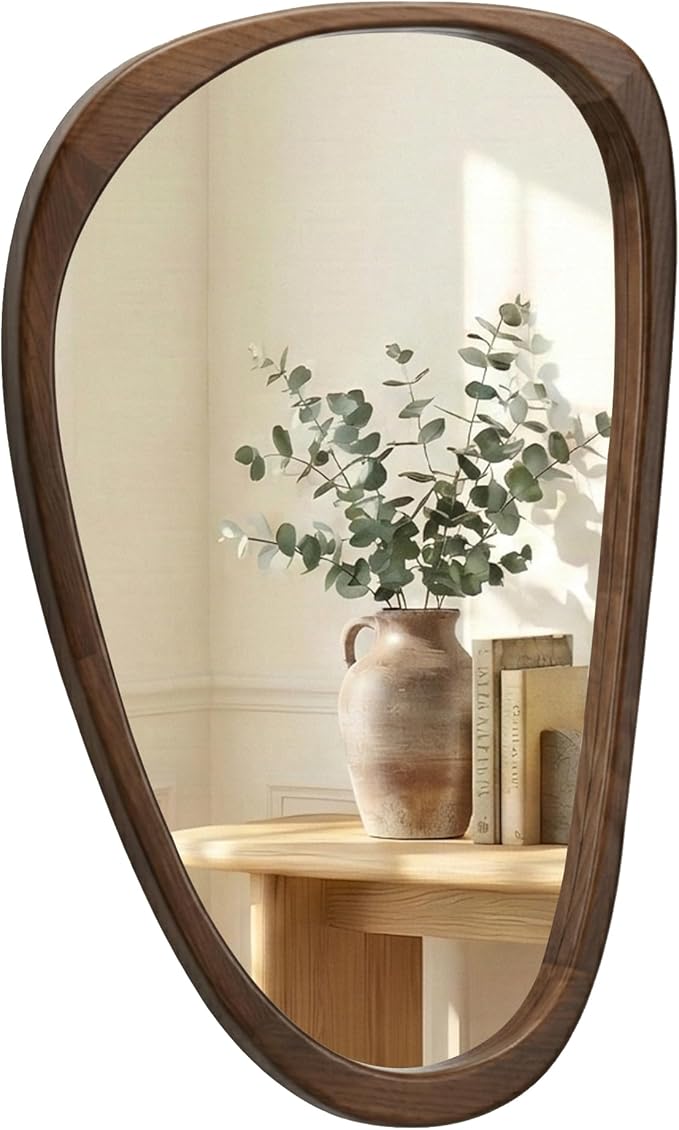 Solid Wood 30"x20" Irregular Asymmetrical Wall Mirror, Japandi Boho Mid-Century Modern Decorative Accent Mirror, Small Organic Shaped Wooden Wall-Mounted Mirror, Dark Walnut