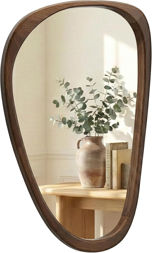 Solid Wood 30"x20" Irregular Asymmetrical Wall Mirror, Japandi Boho Mid-Century Modern Decorative Accent Mirror, Small Organic Shaped Wooden Wall-Mounted Mirror, Dark Walnut