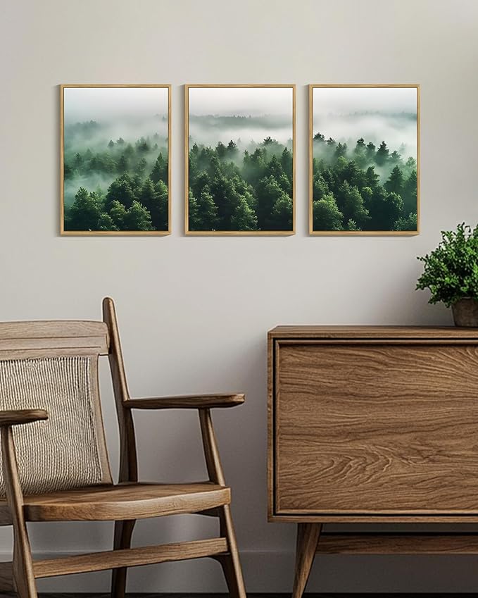 PHOPAGO Green Fog Pine Tree Framed Wall Art Nature Misty Nordic Forests Artwork Morden Paints Bedroom Living Room Home Decor - 11x14in Natural Framed