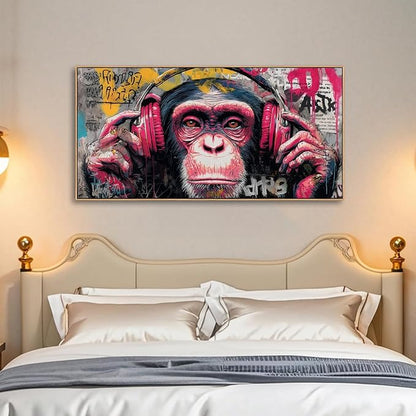 Sorbrozo DJ Gorilla Street Wall Art Print - Colorful Graffiti Canvas Painting with Headphones Music Theme Wall Decor for Boys Room Home and Office 20x40in