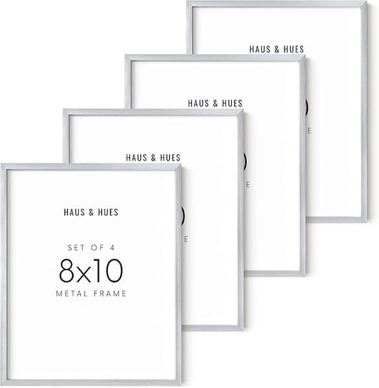 HAUS AND HUES Silver Picture Frames - Set of 4 Wall Frames, 8x10 Size, Metal, Four Pack