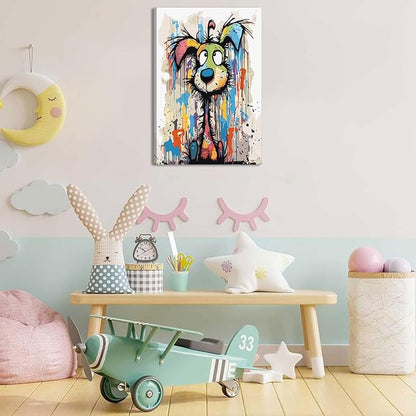 Colorful Graffiti Cartoon Dog Canvas Wall Art Abstract Doodle Animals Wall Decor Picture Vibrant Playful and Fun Cartoon Style Puppy Poster Printing for Living Room Bedroom Artwork Home Decoration