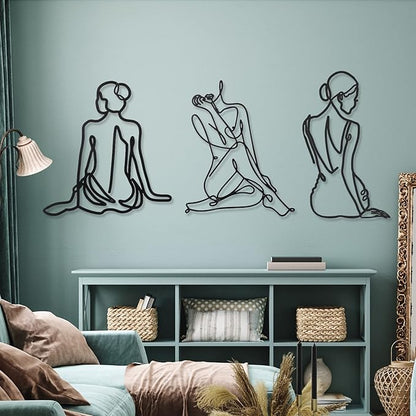 Photect 3 Pcs Metal Wall Art Decor Minimalist Abstract Woman Wall Art Metal Modern Line Drawing Decor Female Single Line Home Hanging for Bedroom Bathroom Living Room Housewarming(Vintage,Black)
