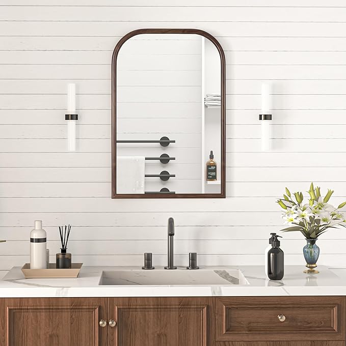 20"x30" Arch Wall Mirror Bathroom Mirror for Wall Mounted, Tempered Glass, Wood Grain Finish Frame Wall Mirror Decorative for Bedroom Living Room Entryway, Rustic Brown