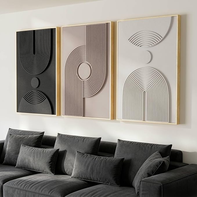 Thalasse Large 3D Textured Framed Neutral Abstract Wall Art for Living Room, 3 Piece Modern Minimalist Artwork for Walls, Black White Beige Geometric Arches Pictures for Entryway Office Decor 24x36 In
