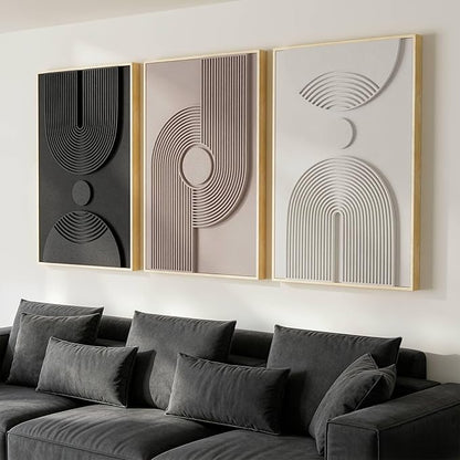 Thalasse Large 3D Textured Framed Neutral Abstract Wall Art for Living Room, 3 Piece Modern Minimalist Artwork for Walls, Black White Beige Geometric Arches Pictures for Entryway Office Decor 24x36 In