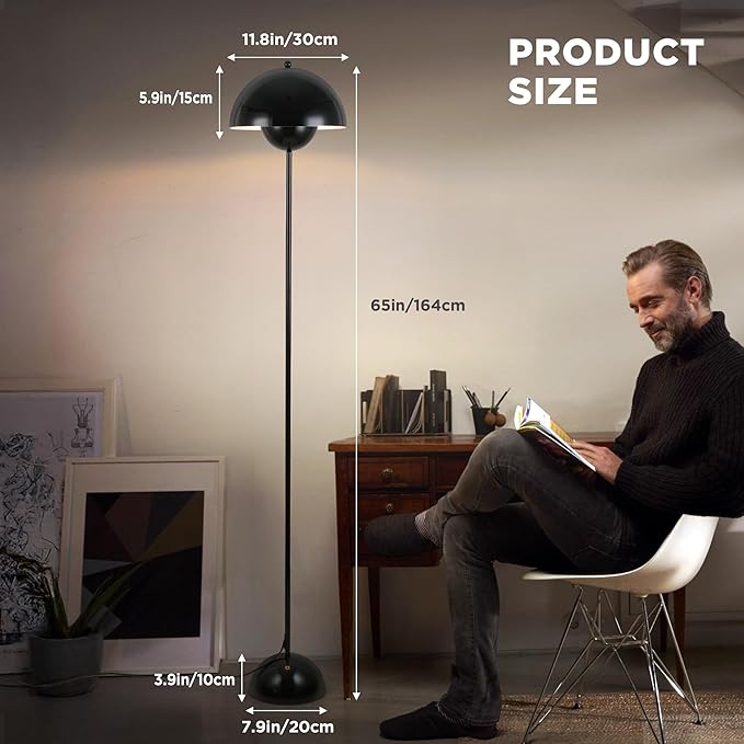 COSYLUX Modern Floor Lamp for Living Room, Industrial Tall Standing Lamp for Bedroom, Metal Shade Reflecting Light Reading Floor Lamp for Office, Nursery Room, Corner(Glossy Black)