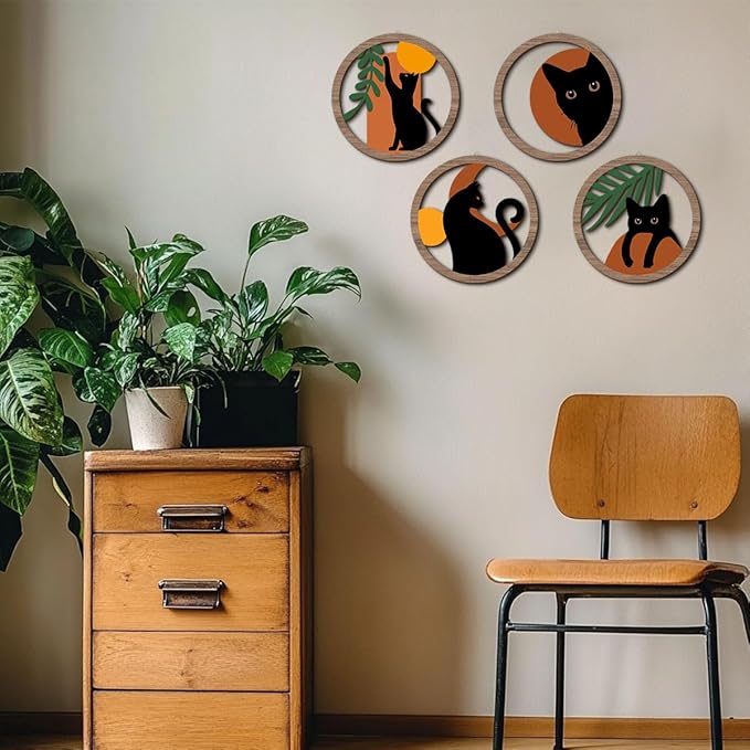 XFN 4PCs 3D Boho Cat Hanging Wooden Wall Art Wall Decor, Botanical Wall Decor Bohemian Decor, Cat Lover Gifts, Wooden Sign Wood Art Wood Plaque Home Decor for Living Room Bedroom Farmhouse Bathroom