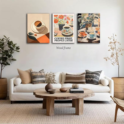 Vintage Coffee Kitchen Canvas Wall Art Set of 3, Fashion Aesthetic Flowers Espresso Poster Picture, Simple Travel Drinks Wall Decor Painting Prints for Dining Room Cafe Bar 16x24 Inch Framed