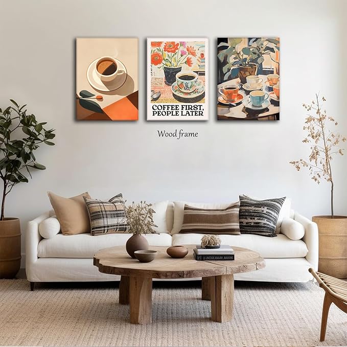 Vintage Coffee Kitchen Canvas Wall Art Set of 3, Fashion Aesthetic Flowers Espresso Poster Picture, Simple Travel Drinks Wall Decor Painting Prints for Dining Room Cafe Bar 12x16 Inch Framed