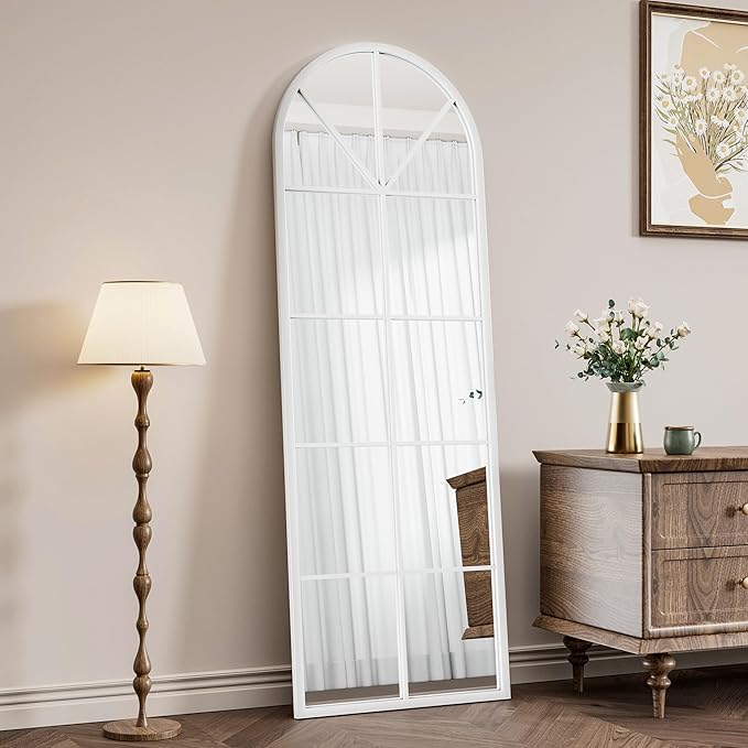 OGCAU Full Length Arched Floor Mirror, 65"x22" Window Pane Design, Decorative Hanging or Leaning, Full Body with Iron Frame for Bedroom Living Room (White)