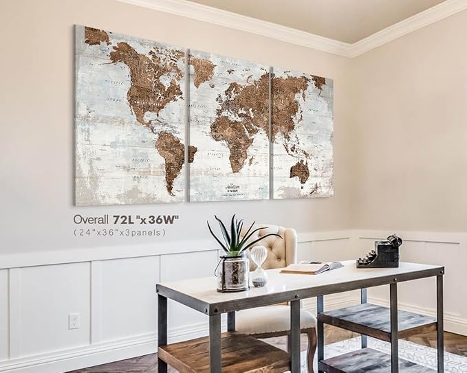 Wall Art for Living Room Office Artwork Extra Large Canvas Prints World Map Pin Board Travel Map Vintage Brown Farmhouse Pictures for Bedroom Dining Room Inspirational Wall Decor
