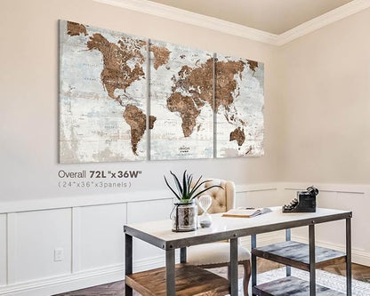 Wall Art for Living Room Office Artwork Extra Large Canvas Prints World Map Pin Board Travel Map Vintage Brown Farmhouse Pictures for Bedroom Dining Room Inspirational Wall Decor