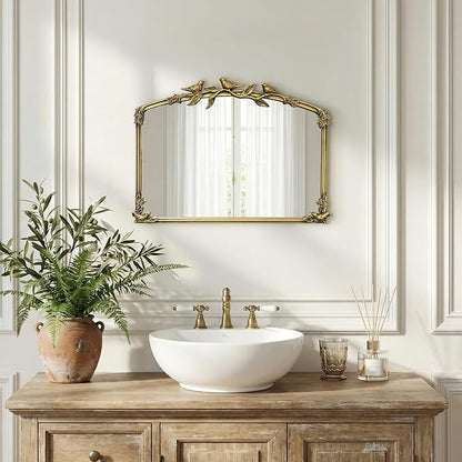 Gold Baroque Vintage Mirror for Vanity 19x25Inch Gold Antique with Ornate Frame, Arched Vintage Wall for Bathroom, Living Room, Fireplace, Entryway (Golden (Arched 6), 20"L x 26"W（Vertical ）)