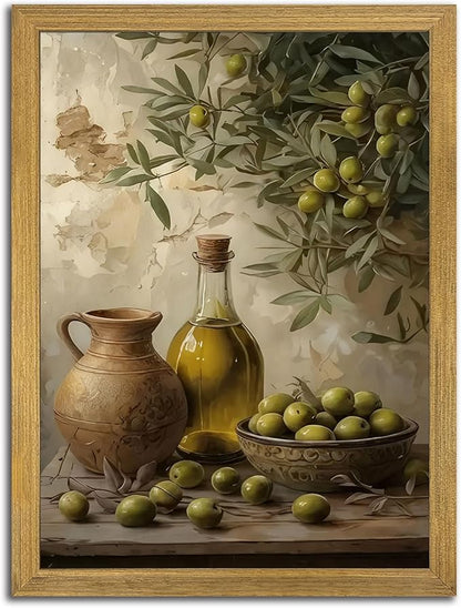 Wood Framed Olive Kitchen Wall Art, Vintage Rustic Still Life Canvas Print, Green Olives Poster Print Picture, Fruit Wall Decor Painting for Dining Room Cafe Restaurant Farmhouse Home Decor 16x24 inch