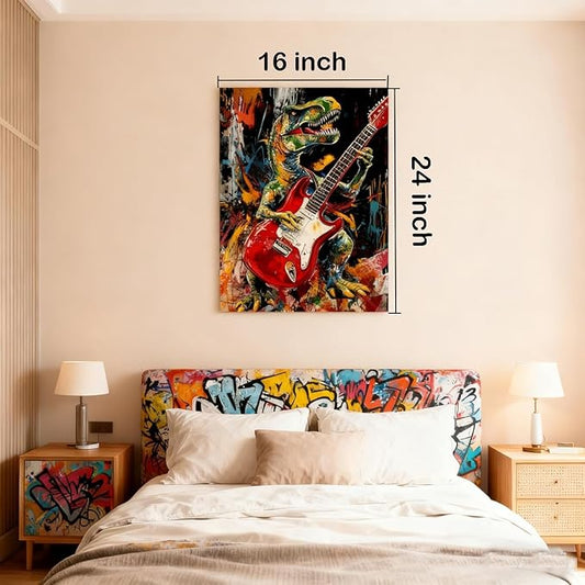 16x24 Graffiti Guitar T-Rex Wall Art Modern Rock Picture Framed Canvas Gallery Pop Prints Cartoon Home Office Decor DJ Dinosaur Urban Posters Funny Bedroom Living Room Kids Nursey Teen Boys Men