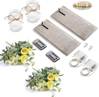 Wall Decor Mason Jar Sconces - Rustic Farmhouse Home Decor with Remote Control Wall Lights and Yellow Rose for Bedroom Wall Decor Living Room Kitchen Decorations Set of Two
