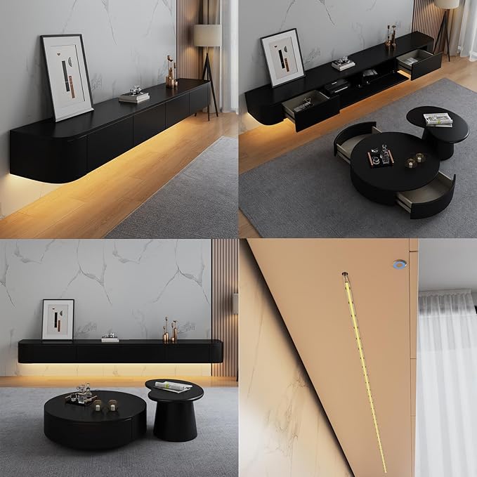 Floating TV Stand Large Floating TV Shelves Wall Mounted Multi Storage Compartment TV Media Console Floating TV Cabinet Bench Under TV Large Storage (Black with Led, 47.2 * 7.9 * 9.4 in)