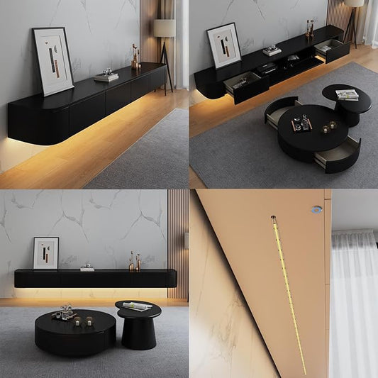 Floating TV Stand Large Floating TV Shelves Wall Mounted Multi Storage Compartment TV Media Console Floating TV Cabinet Bench Under TV Large Storage (Black with Led, 47.2 * 7.9 * 9.4 in)