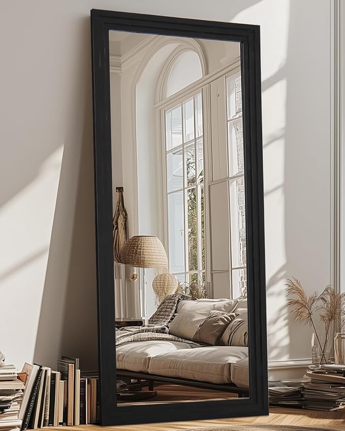 Full Length Mirror, 71"x32" Wooden Mirror Full Length with Stand Wood Floor Mirror, Oversized Stand Up Mirrors Large Wall Mirrors, Wall Mounted Mirrors, Rect Wood Style, Black