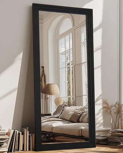 Full Length Mirror, 71"x32" Wooden Mirror Full Length with Stand Wood Floor Mirror, Oversized Stand Up Mirrors Large Wall Mirrors, Wall Mounted Mirrors, Rect Wood Style, Black
