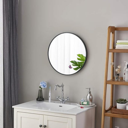 Itrue 24 Inch Round Wall Mirror, Brushed Black Metal Framed Circle Bathroom Mirror, Silver-Backed HD Tempered Glass Vanity Mirror for Over Sink, Living Room, Entryway, Hallway