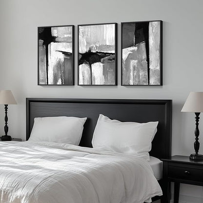 Framed Black and White Gray Modern Abstract Wall Art, Set of 3 Piece Big Canvas Paintings Artwork for Walls, Minimalist Art Prints Pictures for Living Room Hallway Bedroom Office Wall Decor 16x24 Inch