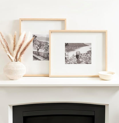Kate and Laurel Gibson Modern Wall Picture Frame Set of 3; 16x20 matted to 8x10; Natural; Three-Piece Frame Set for Gallery Wall Frame Set in Living Room Wall Decor
